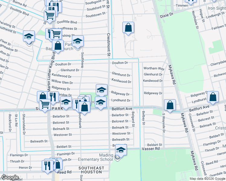 map of restaurants, bars, coffee shops, grocery stores, and more near 6011 Ridgeway Drive in Houston