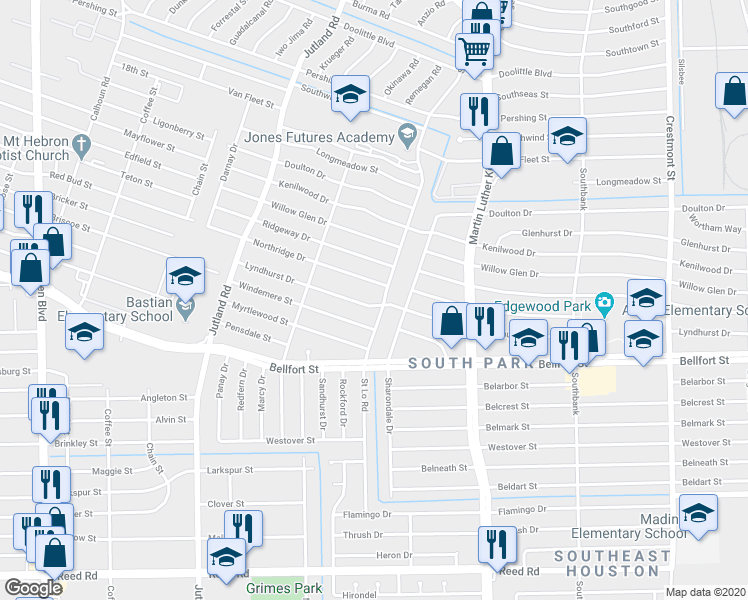 map of restaurants, bars, coffee shops, grocery stores, and more near 5427 Lyndhurst Drive in Houston