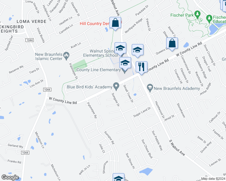 map of restaurants, bars, coffee shops, grocery stores, and more near 2015 Sungate Drive in New Braunfels