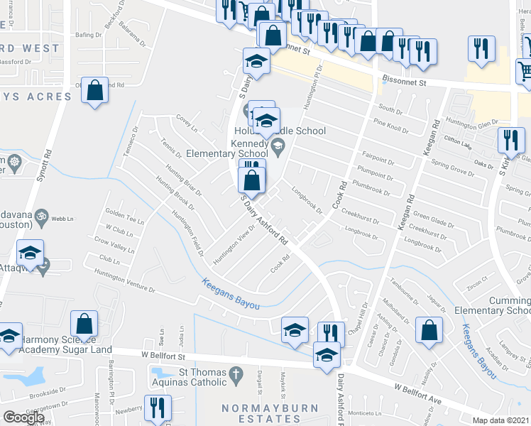 map of restaurants, bars, coffee shops, grocery stores, and more near 12317 South Dairy Ashford Road in Houston