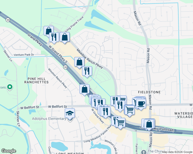 map of restaurants, bars, coffee shops, grocery stores, and more near Meadow Ranch Parkway in Richmond