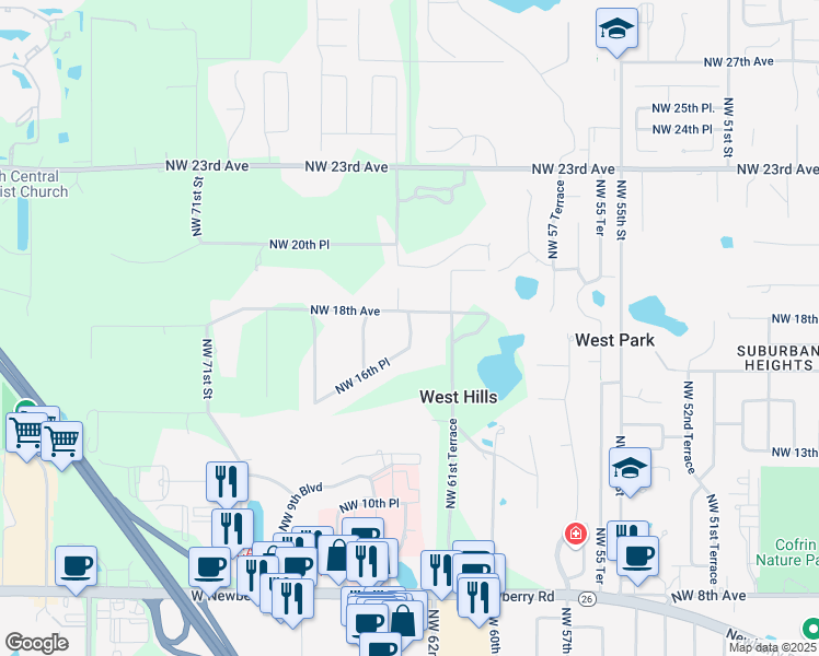 map of restaurants, bars, coffee shops, grocery stores, and more near 1712 Northwest 63rd Street in Gainesville