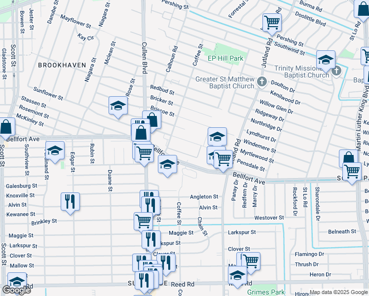 map of restaurants, bars, coffee shops, grocery stores, and more near 5050 Sunflower Street in Houston