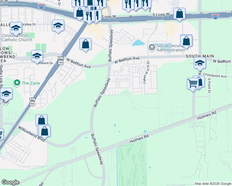 map of restaurants, bars, coffee shops, grocery stores, and more near 2812i Grand Fountains Drive in Houston