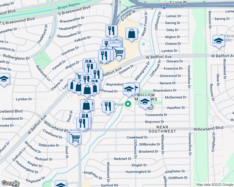 map of restaurants, bars, coffee shops, grocery stores, and more near 4806 Knickerbocker Street in Houston