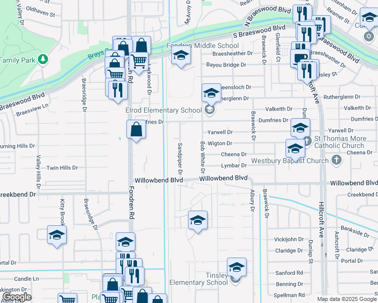 map of restaurants, bars, coffee shops, grocery stores, and more near 10301 Sandpiper Drive in Houston