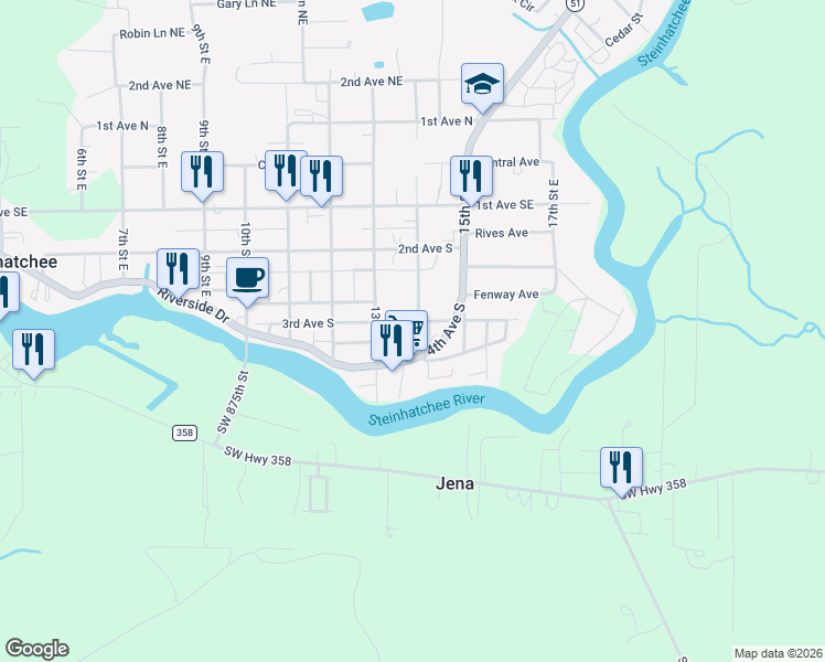 map of restaurants, bars, coffee shops, grocery stores, and more near 301 14th Street SE in Steinhatchee