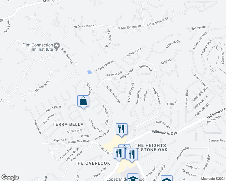 map of restaurants, bars, coffee shops, grocery stores, and more near 515 Enchanted Way in San Antonio