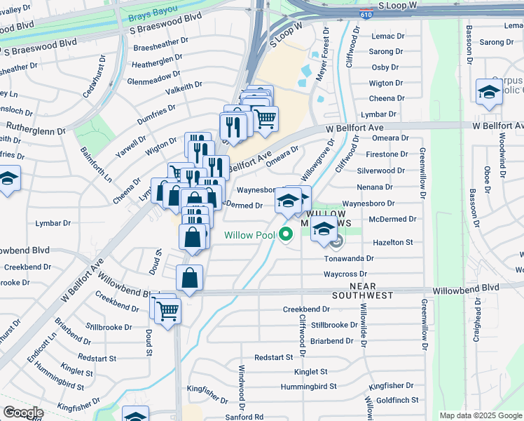 map of restaurants, bars, coffee shops, grocery stores, and more near 4806 Knickerbocker Street in Houston