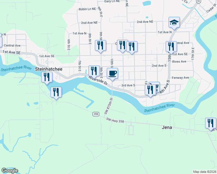 map of restaurants, bars, coffee shops, grocery stores, and more near 912 Riverside Drive in Perry