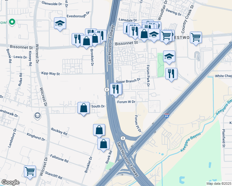 map of restaurants, bars, coffee shops, grocery stores, and more near 10222 Forum West Drive in Houston