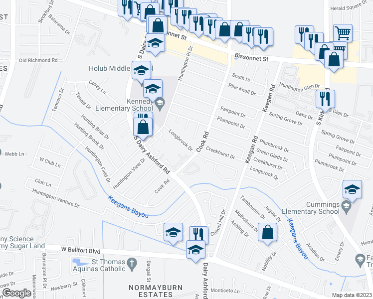 map of restaurants, bars, coffee shops, grocery stores, and more near 12315 Longbrook Drive in Houston