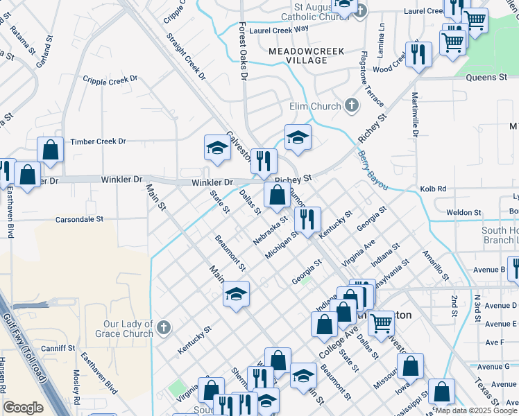 map of restaurants, bars, coffee shops, grocery stores, and more near 515 Kansas Avenue in South Houston