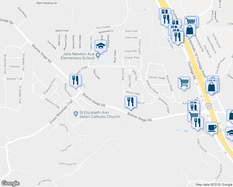 map of restaurants, bars, coffee shops, grocery stores, and more near 24406 Buck Creek in San Antonio