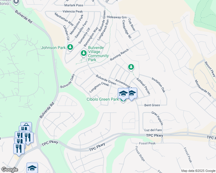 map of restaurants, bars, coffee shops, grocery stores, and more near 3630 Longhorn Creek in San Antonio