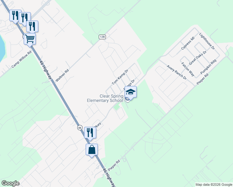 map of restaurants, bars, coffee shops, grocery stores, and more near 510 Briggs Drive in New Braunfels