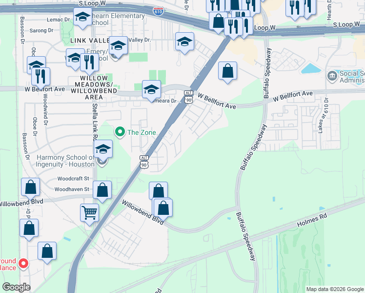 map of restaurants, bars, coffee shops, grocery stores, and more near 3406 Clearview Villa Way in Houston