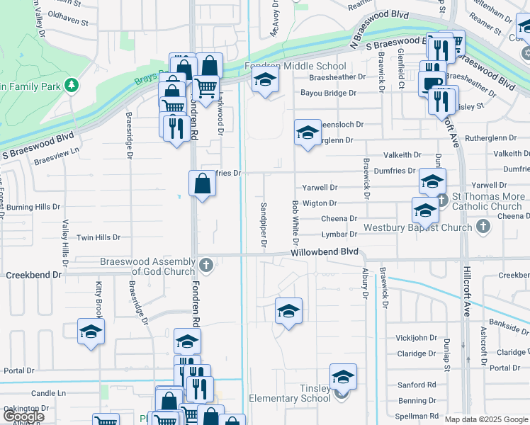 map of restaurants, bars, coffee shops, grocery stores, and more near 6782 Sandpiper Drive in Houston