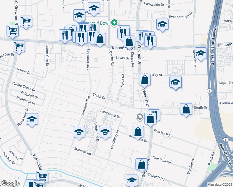 map of restaurants, bars, coffee shops, grocery stores, and more near 10111 Boone Road in Houston