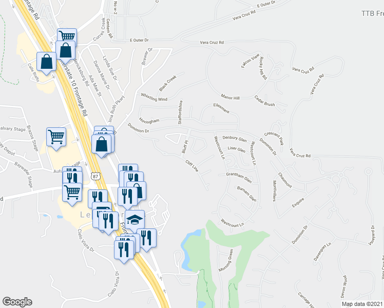 map of restaurants, bars, coffee shops, grocery stores, and more near 7214 Bluff Run in San Antonio