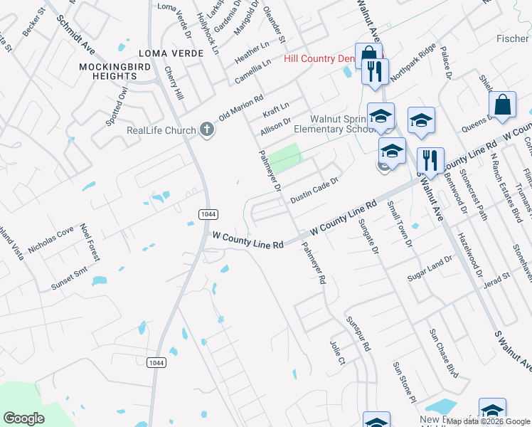 map of restaurants, bars, coffee shops, grocery stores, and more near 1739 Joy Spring in New Braunfels