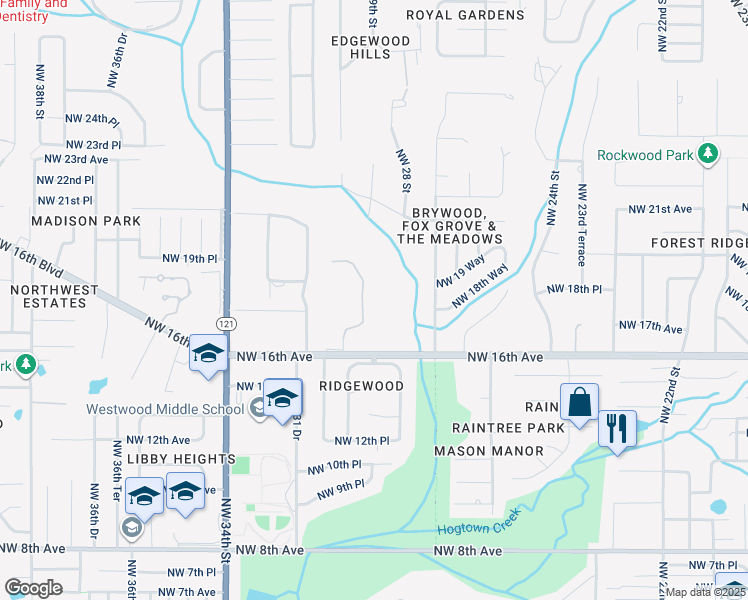 map of restaurants, bars, coffee shops, grocery stores, and more near 1800 Northwest 30th Terrace in Gainesville