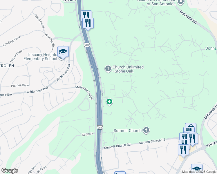 map of restaurants, bars, coffee shops, grocery stores, and more near 24442 U.S. Highway 281 North in San Antonio