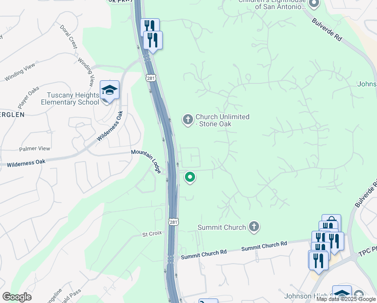 map of restaurants, bars, coffee shops, grocery stores, and more near 24442 U.S. Highway 281 North in San Antonio