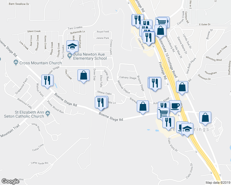 map of restaurants, bars, coffee shops, grocery stores, and more near 24326 Haeli Park in San Antonio
