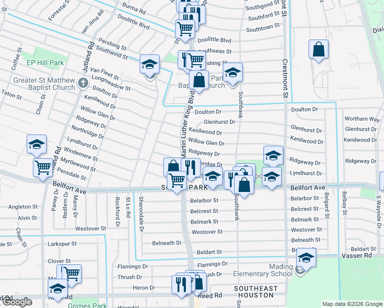 map of restaurants, bars, coffee shops, grocery stores, and more near 5703 Northridge Drive in Houston