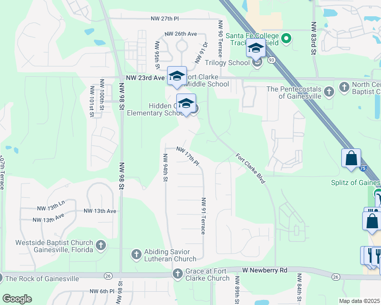 map of restaurants, bars, coffee shops, grocery stores, and more near 9246 Northwest 17 Place in Gainesville