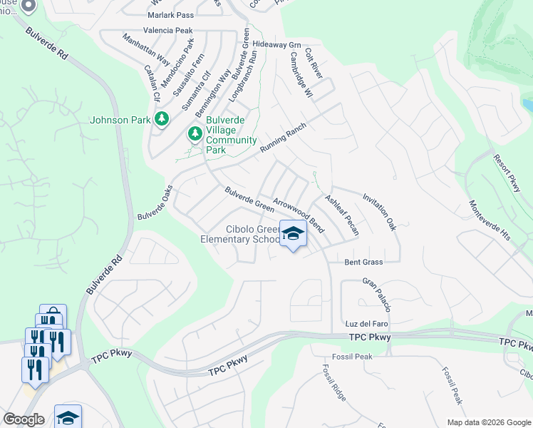 map of restaurants, bars, coffee shops, grocery stores, and more near 3703 Longhorn Creek in San Antonio