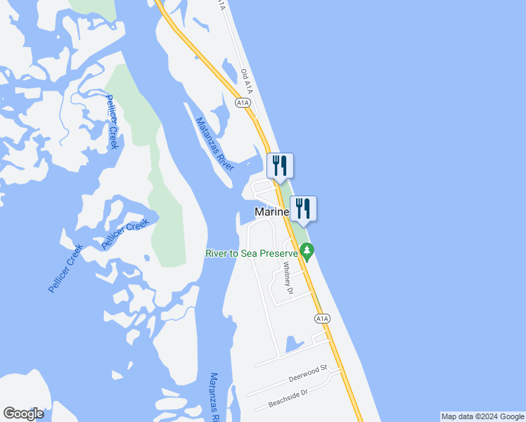 map of restaurants, bars, coffee shops, grocery stores, and more near 9559 North Oceanshore Boulevard in St. Augustine
