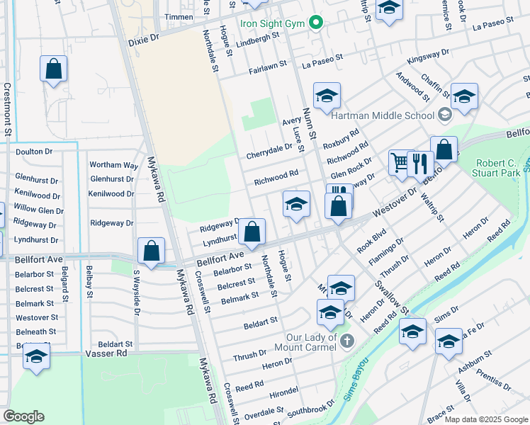 map of restaurants, bars, coffee shops, grocery stores, and more near 6524 Hogue Street in Houston