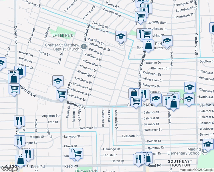 map of restaurants, bars, coffee shops, grocery stores, and more near 5415 Windemere Street in Houston