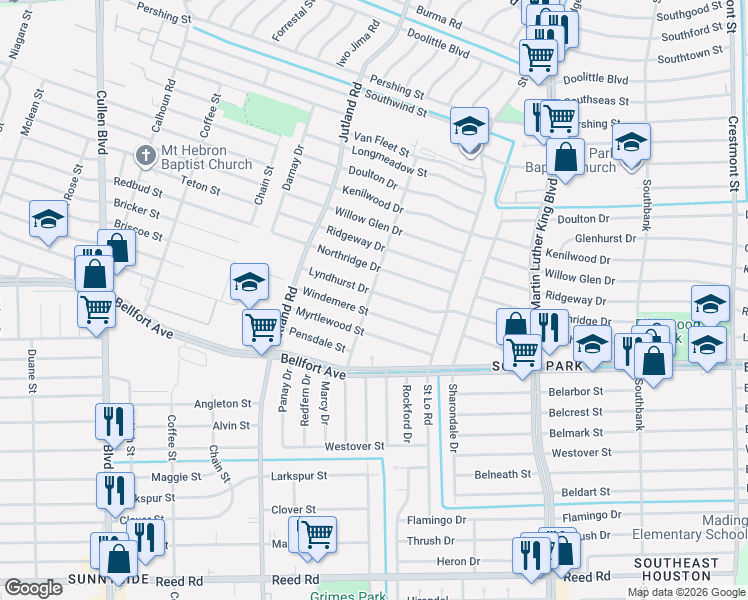 map of restaurants, bars, coffee shops, grocery stores, and more near 5303 Windemere Street in Houston