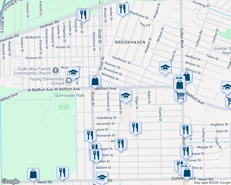 map of restaurants, bars, coffee shops, grocery stores, and more near 4204 Sterling Street in Houston