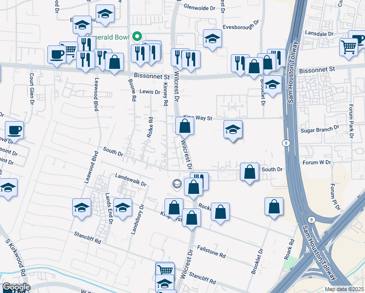 map of restaurants, bars, coffee shops, grocery stores, and more near 10535 South Wilcrest Drive in Houston