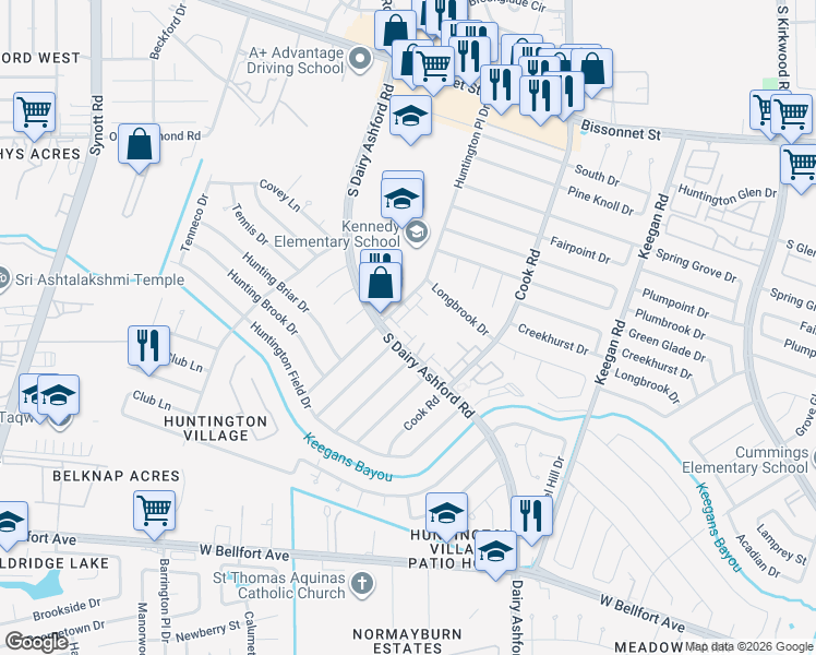 map of restaurants, bars, coffee shops, grocery stores, and more near 12317 South Dairy Ashford Road in Houston