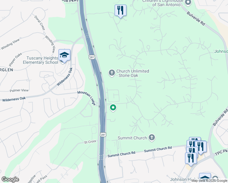 map of restaurants, bars, coffee shops, grocery stores, and more near 21 Sendero Verde Drive in San Antonio