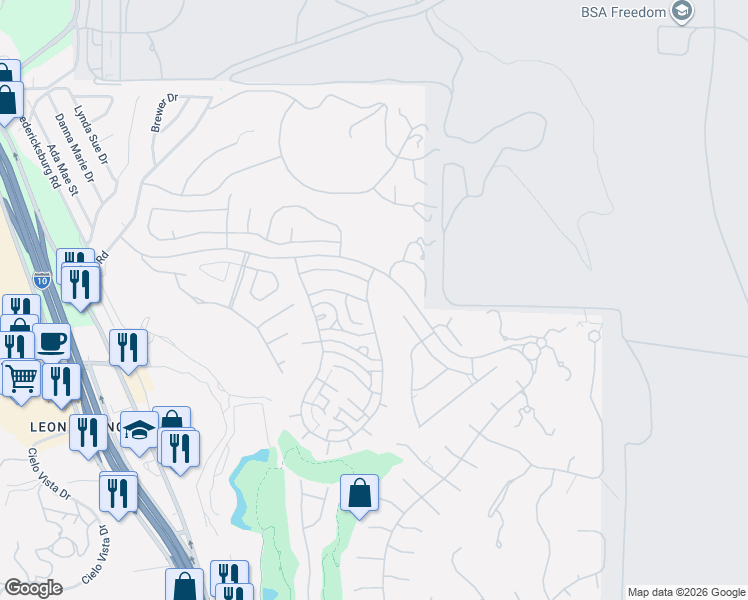 map of restaurants, bars, coffee shops, grocery stores, and more near 2 Liser Glen in San Antonio