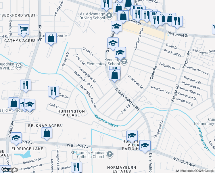 map of restaurants, bars, coffee shops, grocery stores, and more near 10414 Huntington Place Drive in Houston