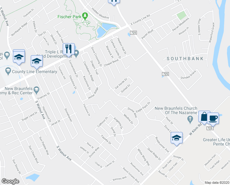 map of restaurants, bars, coffee shops, grocery stores, and more near 2037 Dove Crossing Drive in New Braunfels