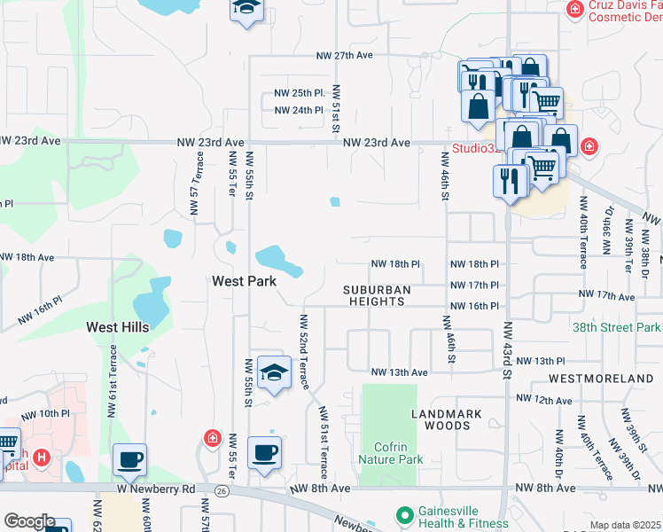 map of restaurants, bars, coffee shops, grocery stores, and more near 1724 Northwest 51st Terrace in Gainesville