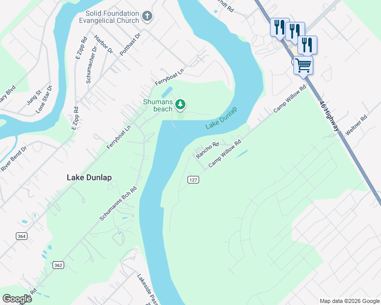 map of restaurants, bars, coffee shops, grocery stores, and more near 112 Camp Porter Road in New Braunfels
