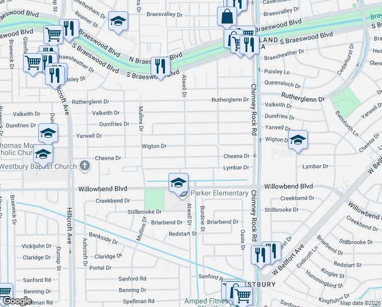 map of restaurants, bars, coffee shops, grocery stores, and more near 5543 Cheena Drive in Houston