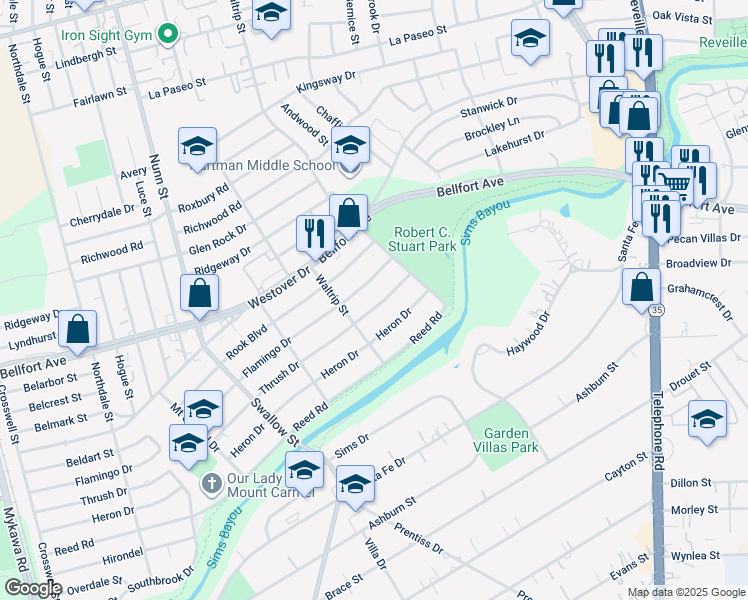 map of restaurants, bars, coffee shops, grocery stores, and more near 7122 Thrush Drive in Houston