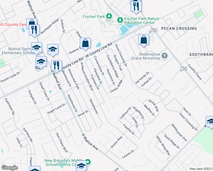 map of restaurants, bars, coffee shops, grocery stores, and more near 2154 Flintshire Drive in New Braunfels