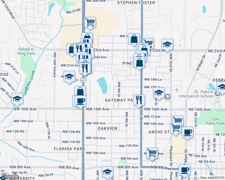 map of restaurants, bars, coffee shops, grocery stores, and more near 1820 Northwest 10th Street in Gainesville