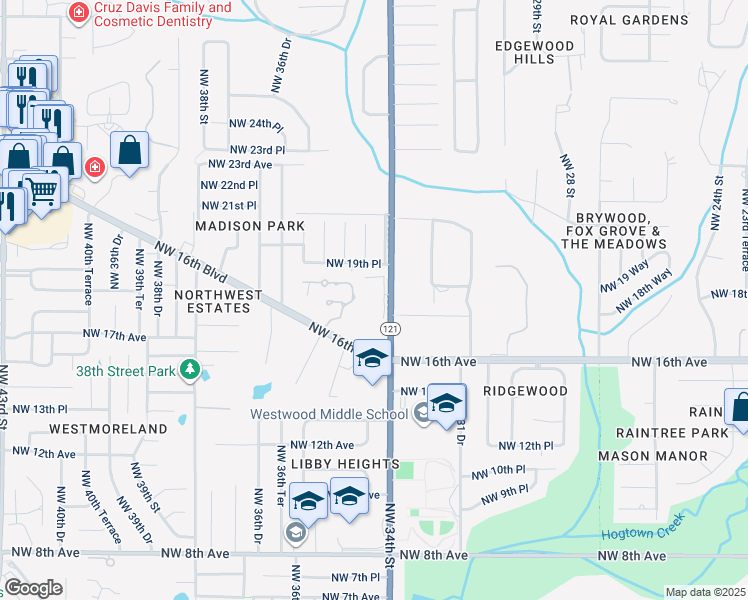 map of restaurants, bars, coffee shops, grocery stores, and more near 1798 Northwest 34th Street in Gainesville